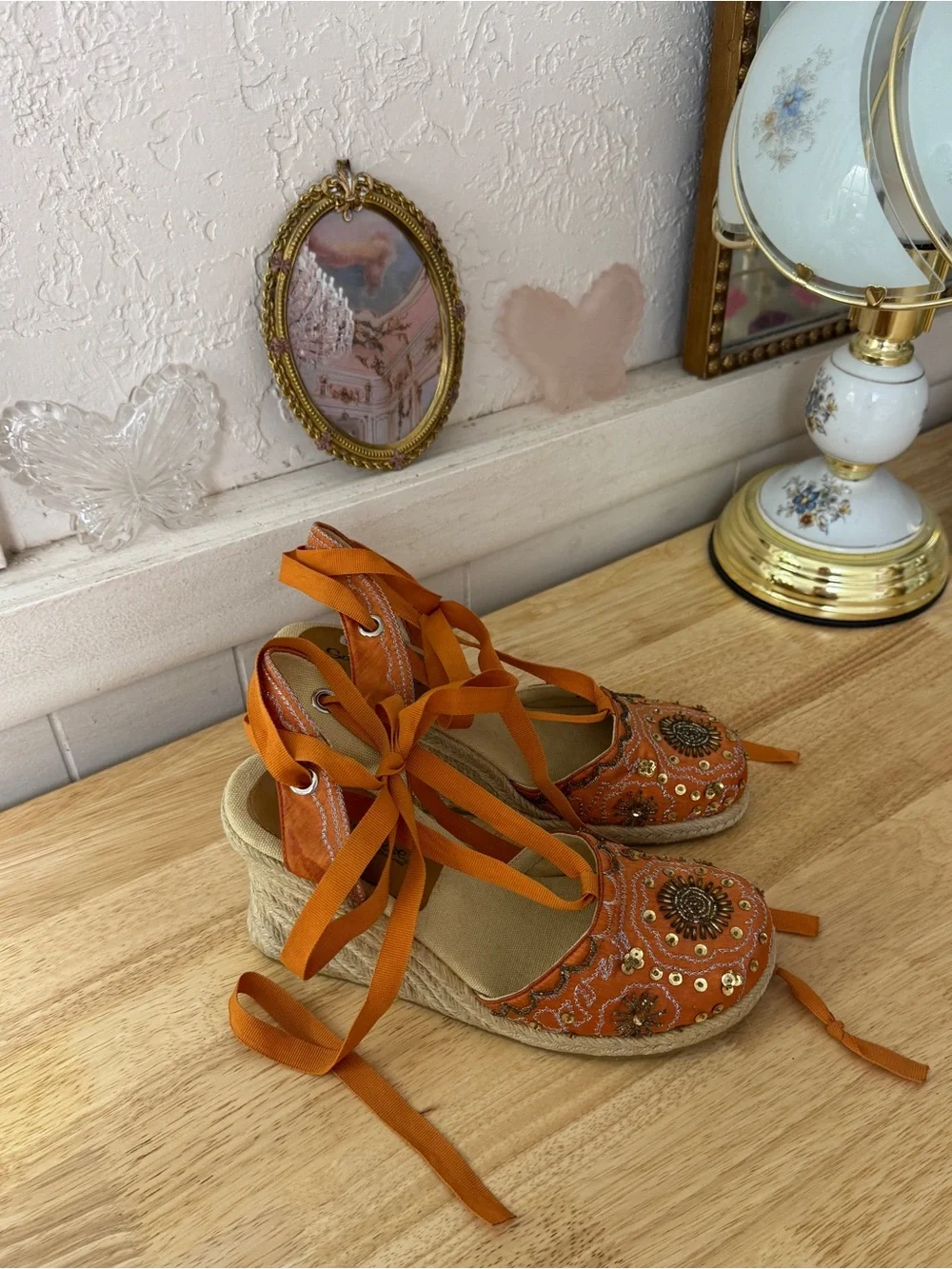 Skechers Orange Embellished Espadrille Lace-Up Wedge Sandals Size 8 Y2K Whimsy